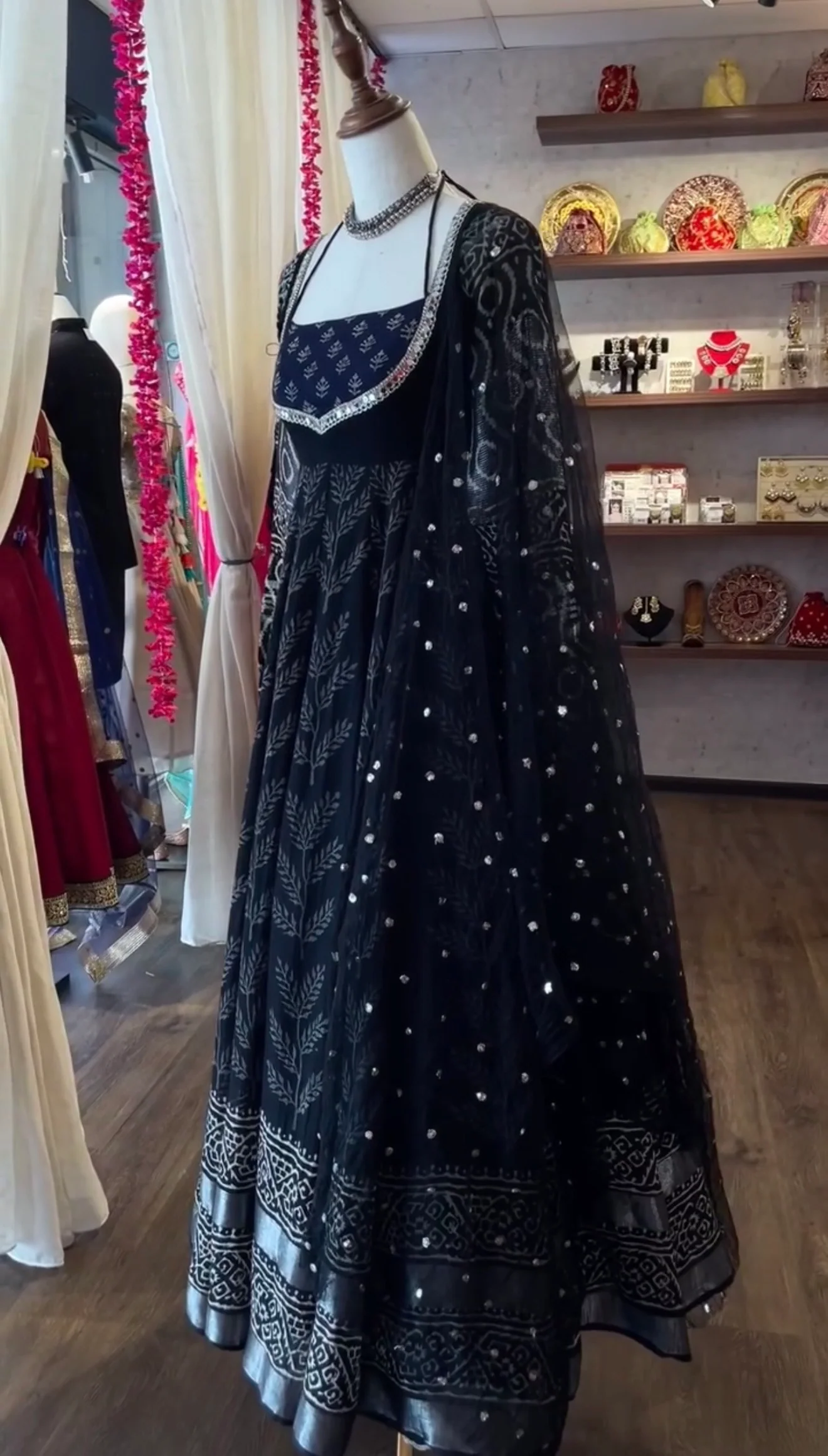Classic Neavy Blue Print Muslin Cotton Anarkali Set - Image 4