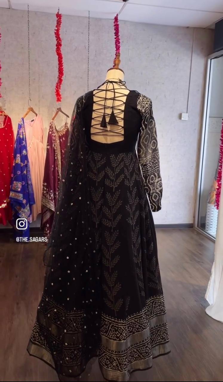 Classic Neavy Blue Print Muslin Cotton Anarkali Set - Image 7