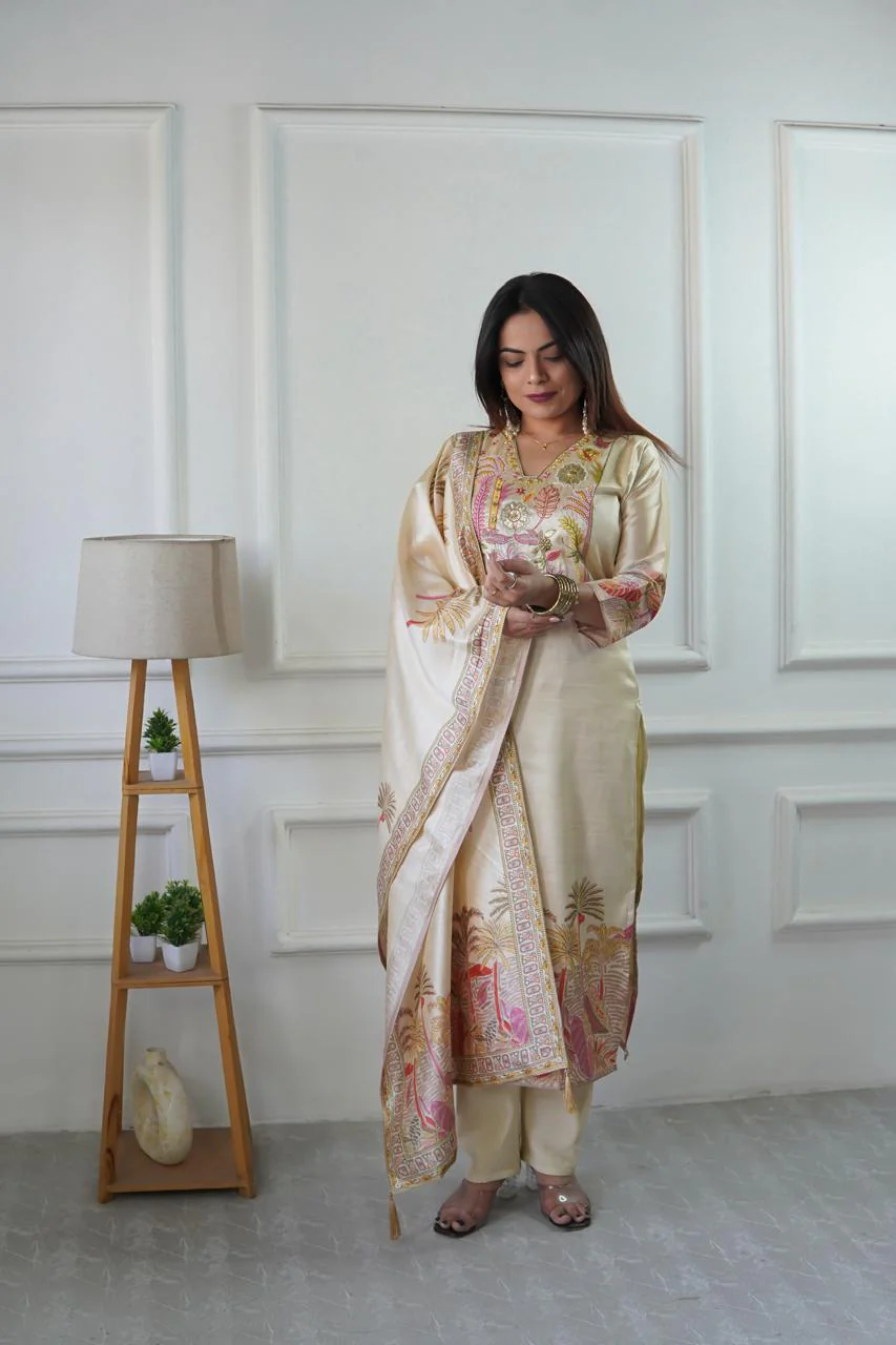 Cream Silk Suit with Tropical Embroidered and handwork Dupatta - Image 3