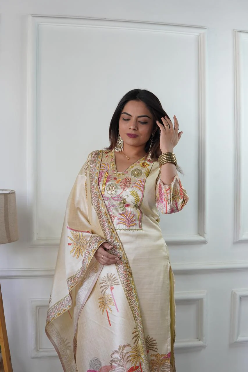 Cream Silk Suit with Tropical Embroidered and handwork Dupatta - Image 4