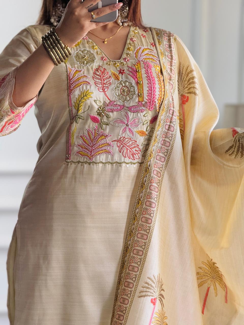 Cream Silk Suit with Tropical Embroidered and handwork Dupatta - Image 5