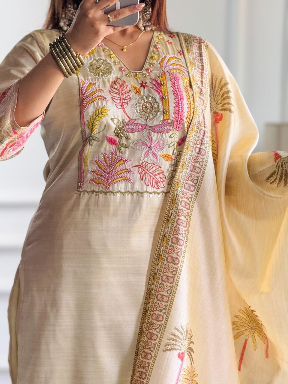 Cream Silk Suit with Tropical Embroidered and handwork Dupatta - Image 6