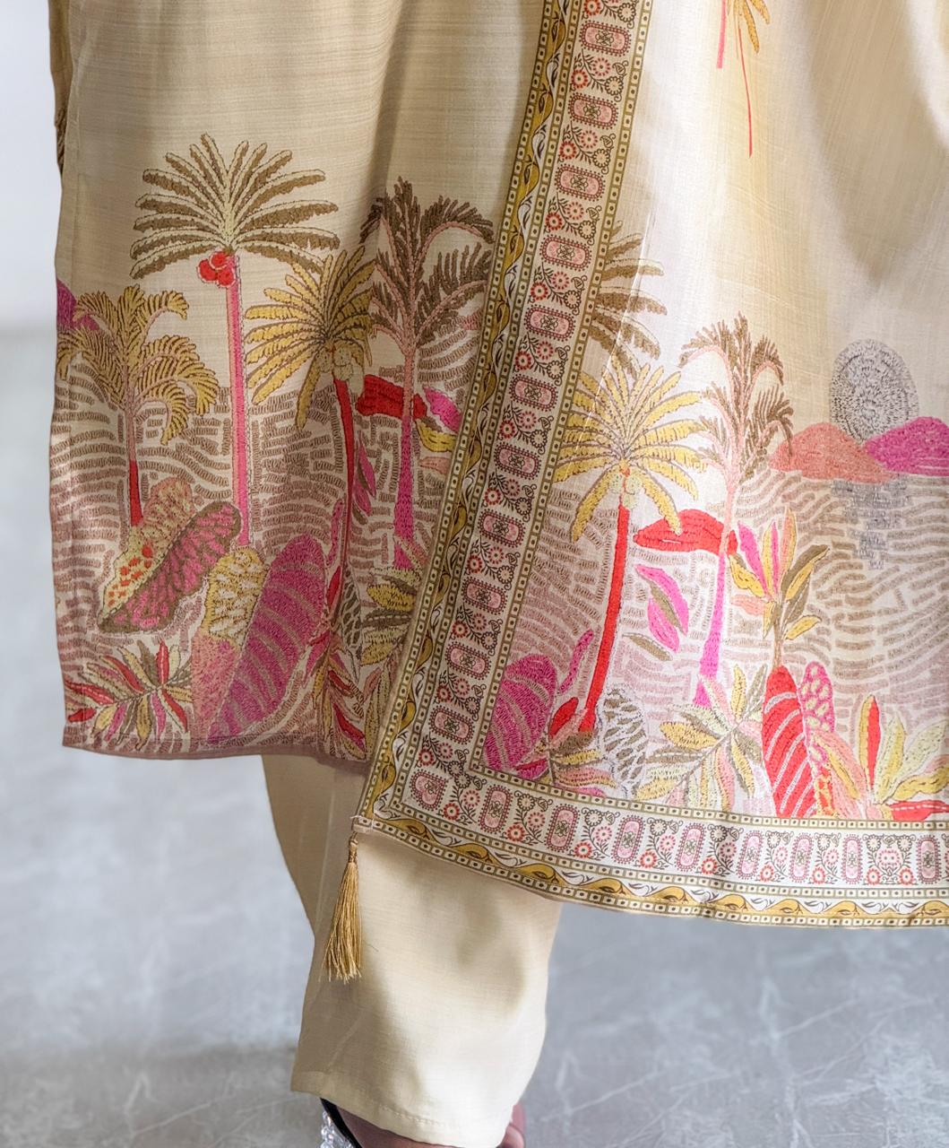 Cream Silk Suit with Tropical Embroidered and handwork Dupatta - Image 7