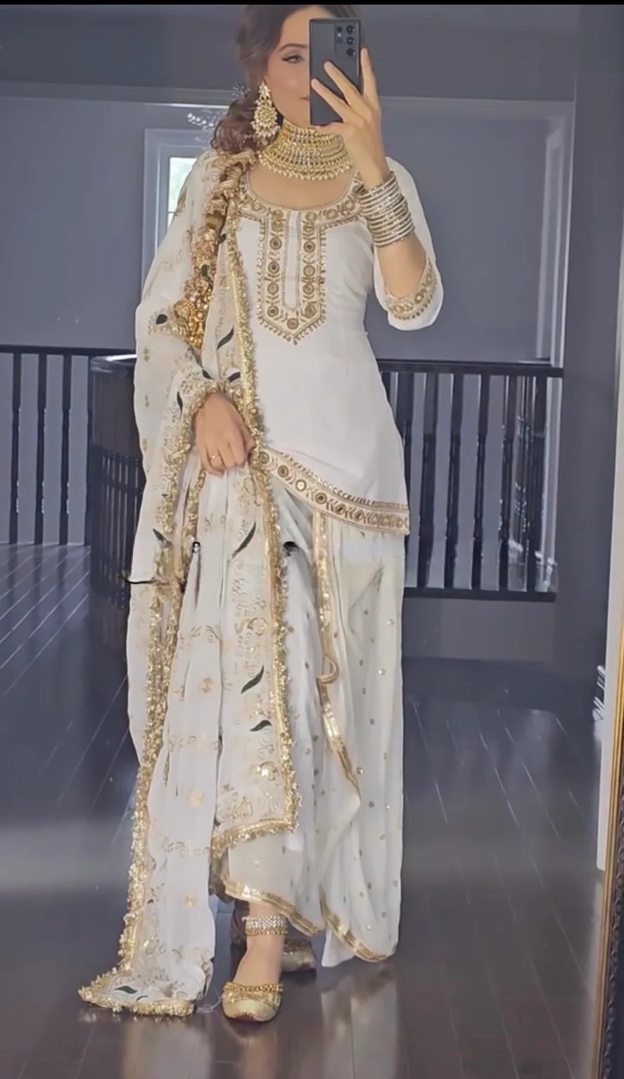 White Colour Malay Silk Fabric Designer Top Dhoti Skirt and Dupatta Set - Image 3