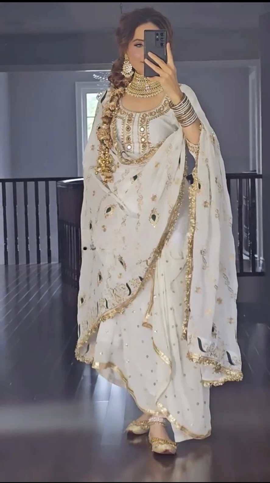 White Colour Malay Silk Fabric Designer Top Dhoti Skirt and Dupatta Set - Image 4