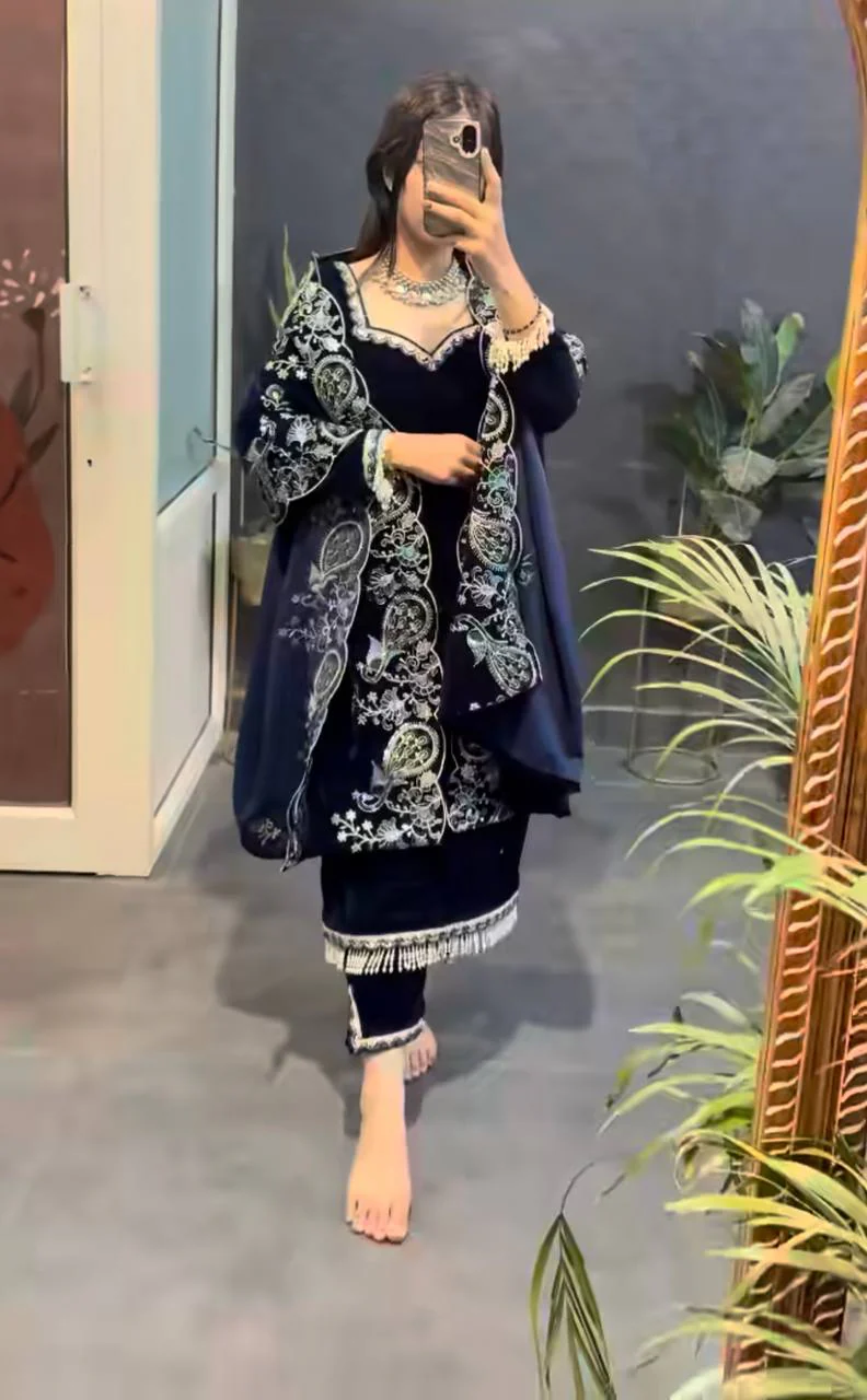 Midnight Blue Velvet Embroidered Elegance - Image 6