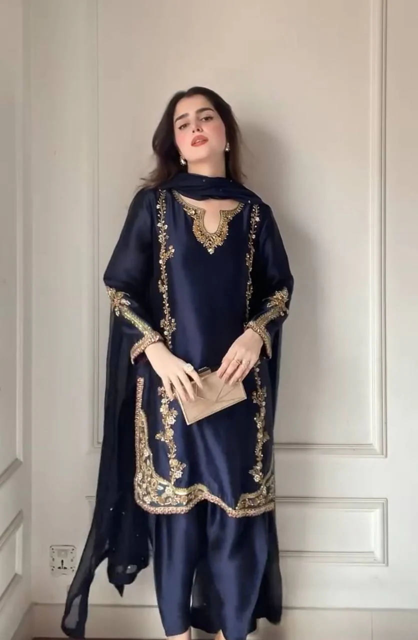 Midnight Blue Zari Bids Hand Work Full Hand Work Suit Set - Image 3