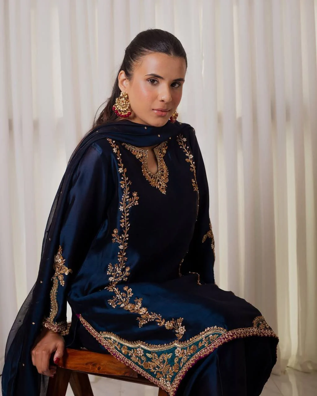 Midnight Blue Zari Bids Hand Work Full Hand Work Suit Set - Image 4