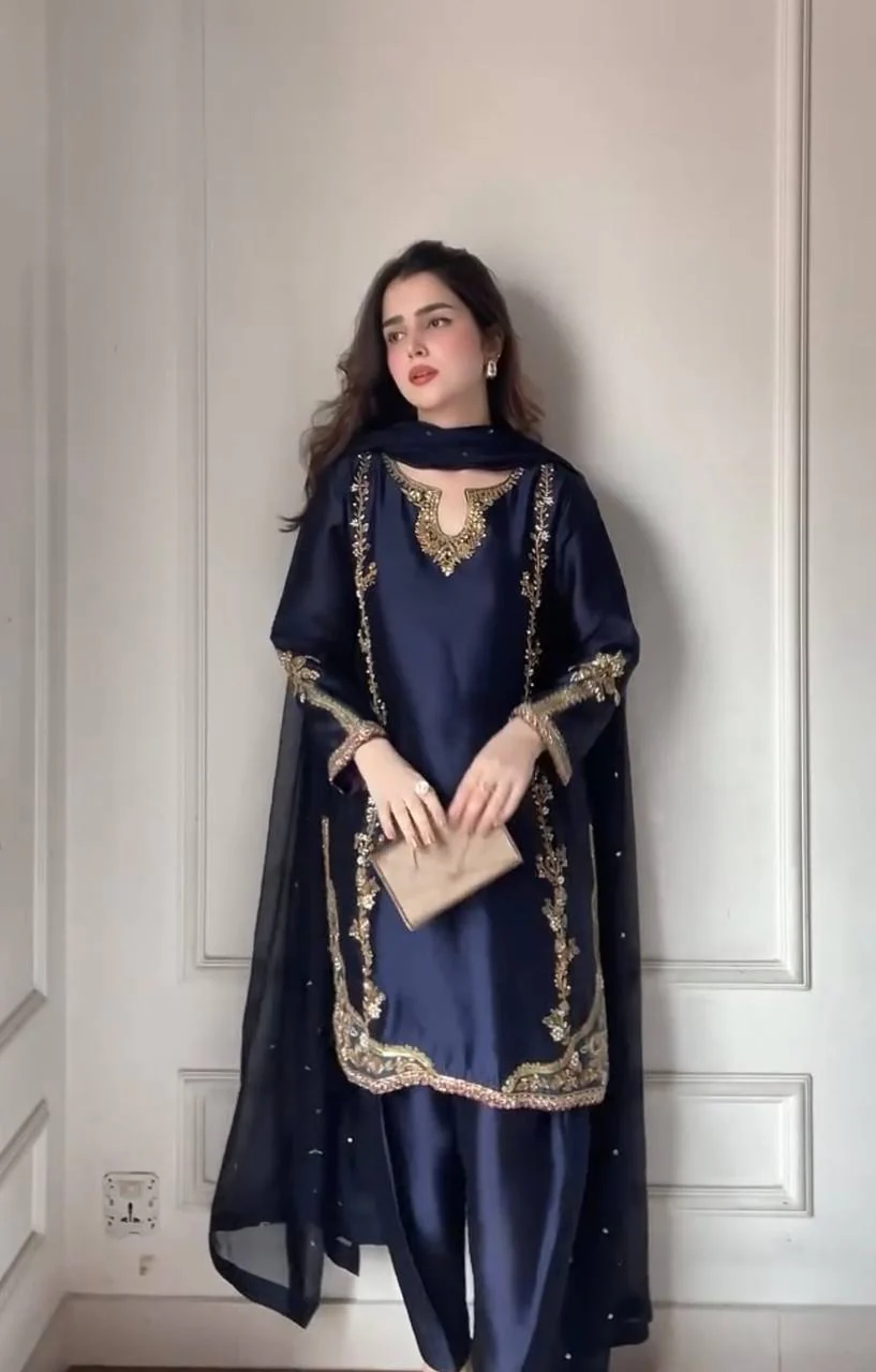 Midnight Blue Zari Bids Hand Work Full Hand Work Suit Set - Image 6