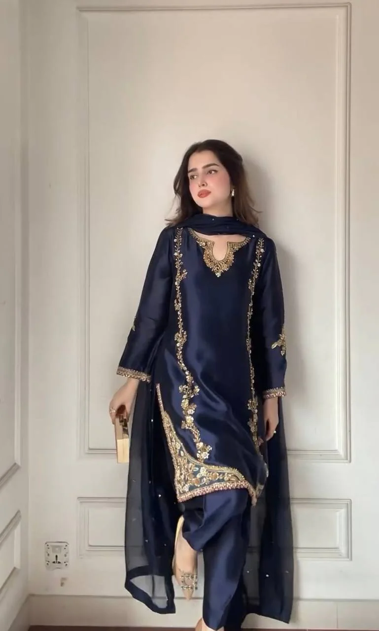 Midnight Blue Zari Bids Hand Work Full Hand Work Suit Set - Image 7
