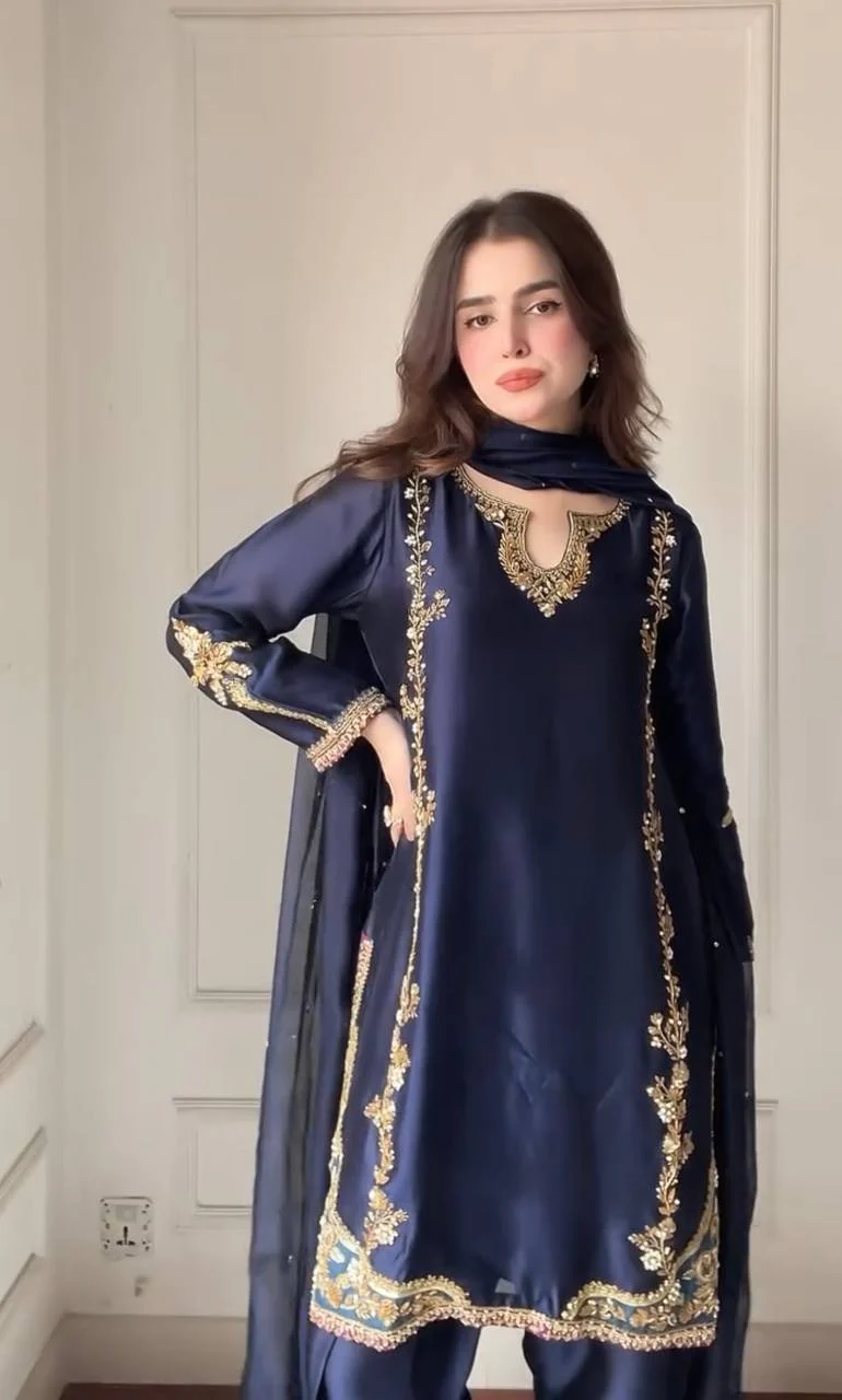 Midnight Blue Zari Bids Hand Work Full Hand Work Suit Set - Image 8