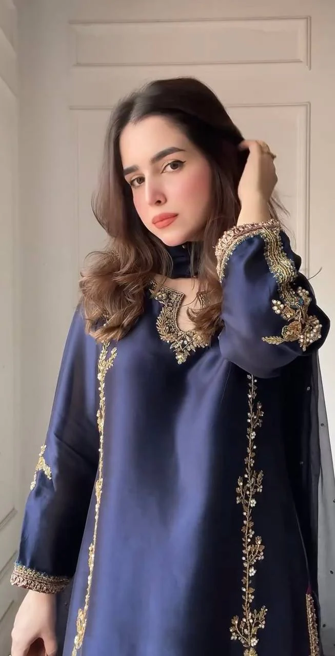 Midnight Blue Zari Bids Hand Work Full Hand Work Suit Set - Image 9