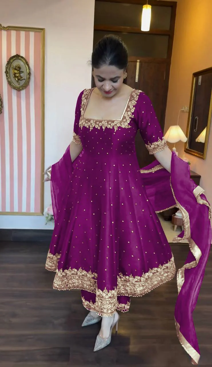New Party Wear Look Pur Vichitra Silk Anarkali Gown - Image 11