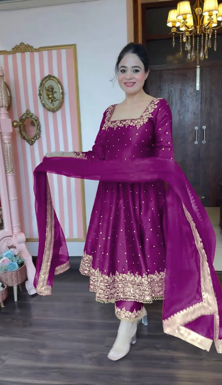New Party Wear Look Pur Vichitra Silk Anarkali Gown - Image 12