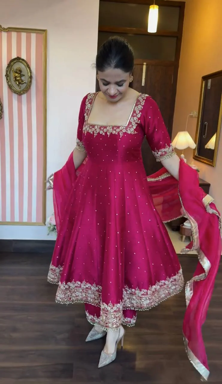 New Party Wear Look Pur Vichitra Silk Anarkali Gown - Image 3