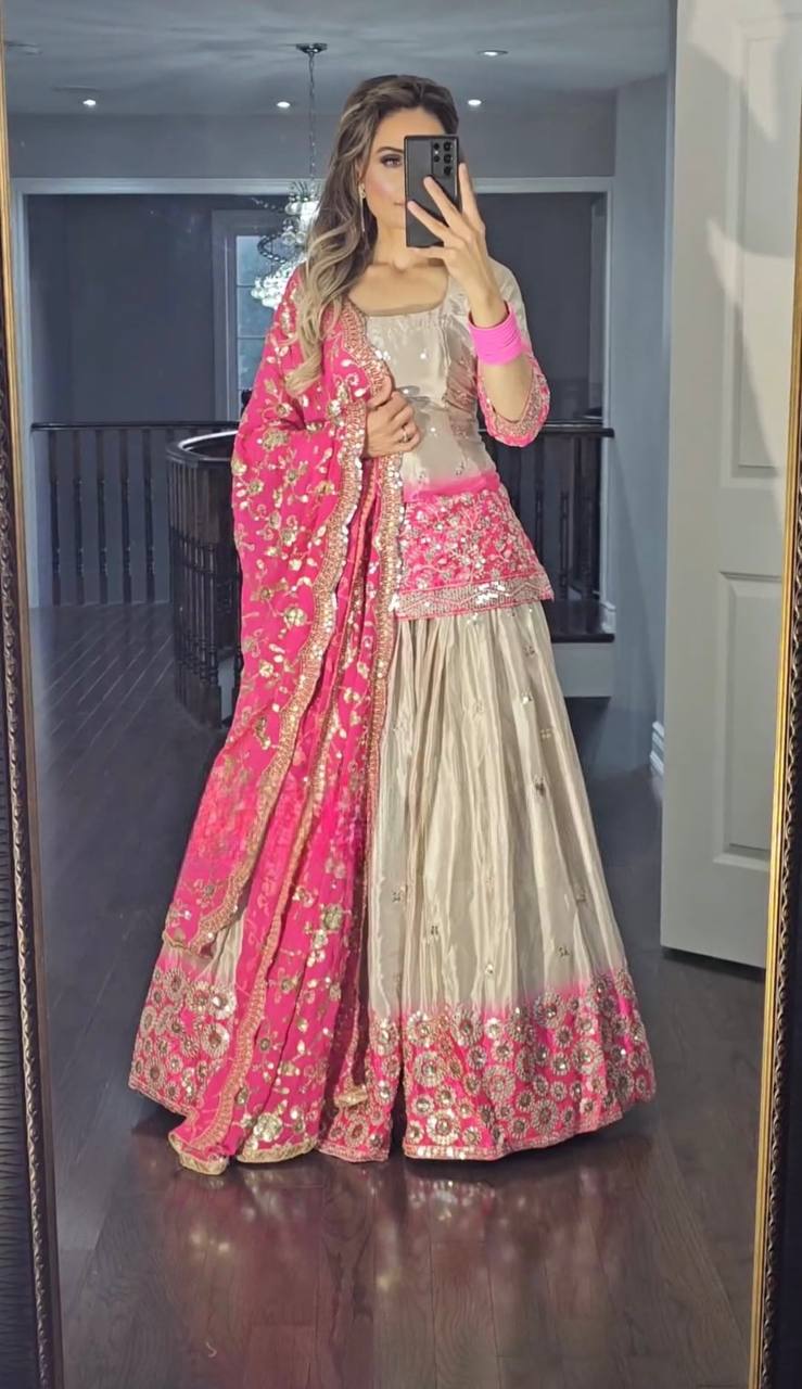 Peding Colour New Chinon Fabric Top Lehenga and Dupatta With Heavy Embroidery Work Set - Image 4