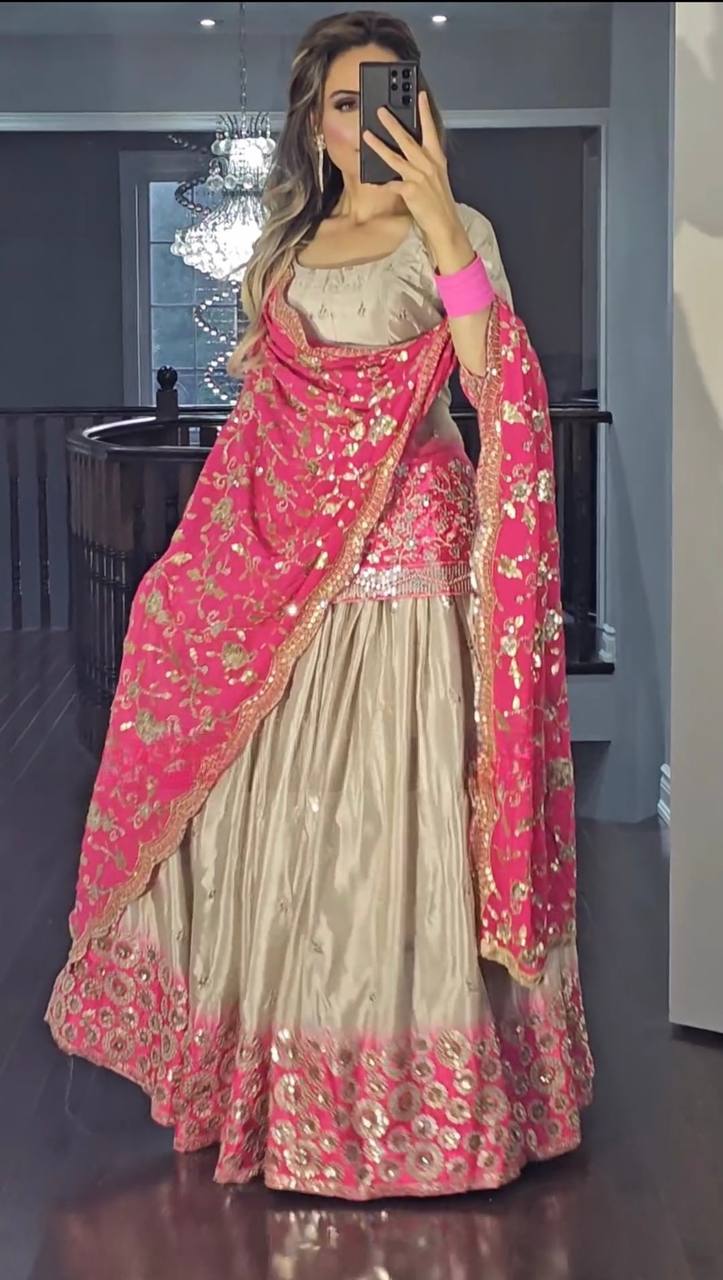 Peding Colour New Chinon Fabric Top Lehenga and Dupatta With Heavy Embroidery Work Set - Image 5