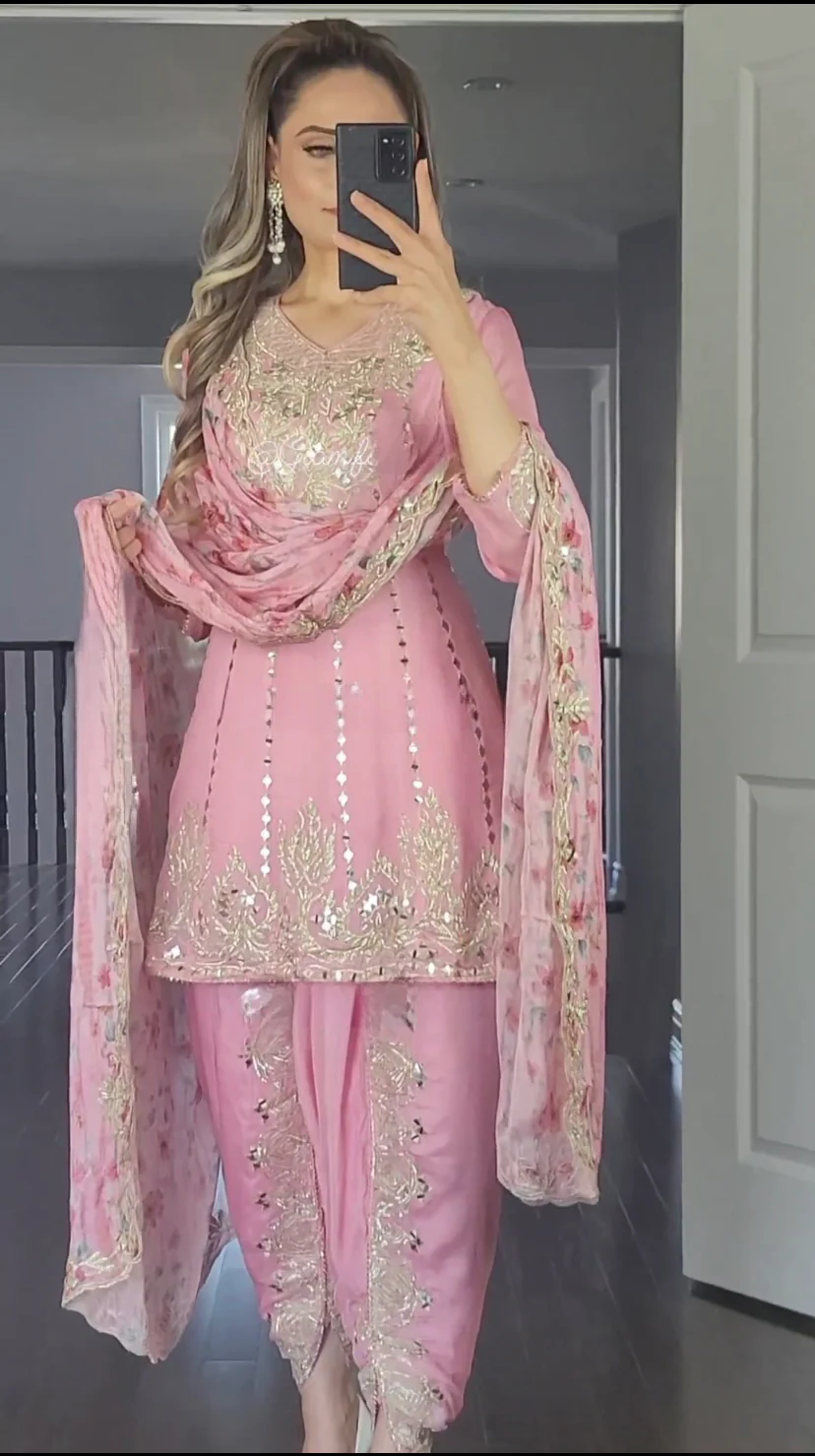 Pink Colour New Party Wear Look Top Dhoti and Print Dupatta Set - Image 3