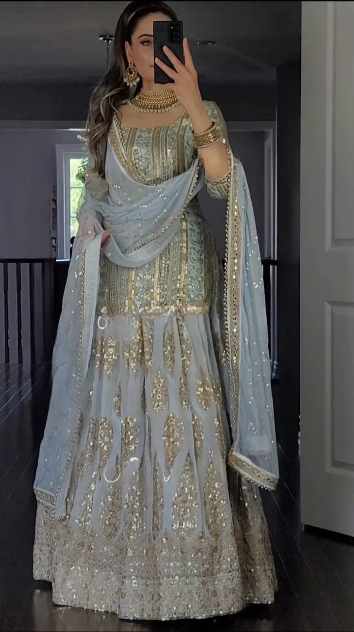 Sky Colour Top Lehenga and Dupatta With Heavy Embroidery Work Set - Image 3