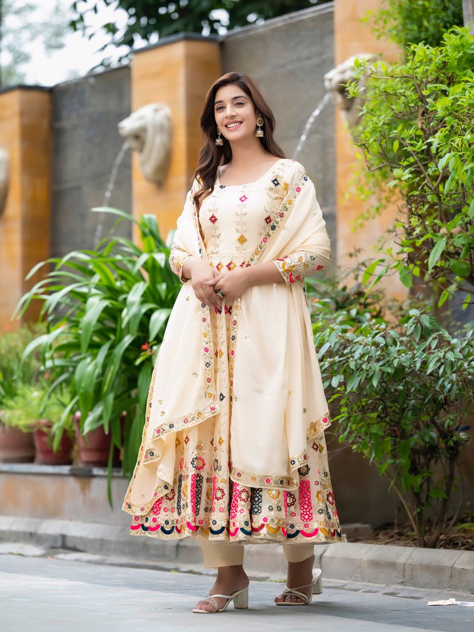 Timeless Beige Anarkali Ensemble - Image 3