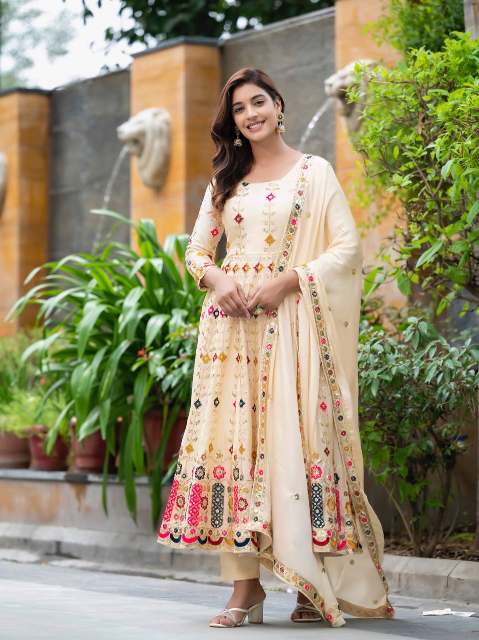 Timeless Beige Anarkali Ensemble - Image 4