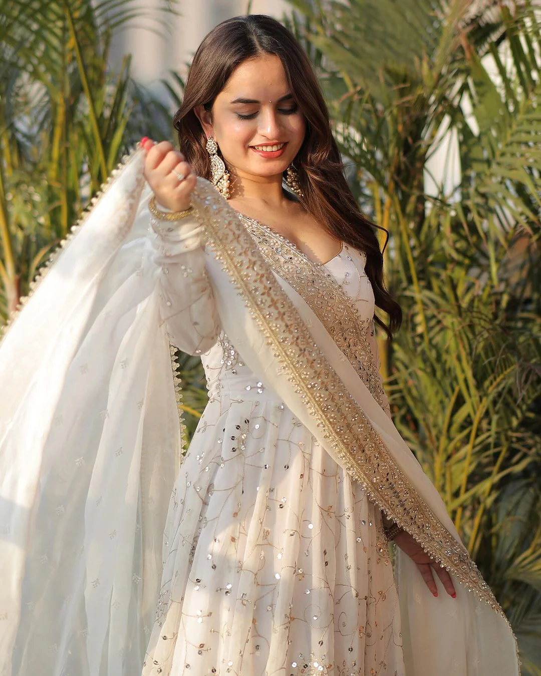 White Fancy Style Designer Anarkali Gown With Pant & Dupatta Set - Image 3