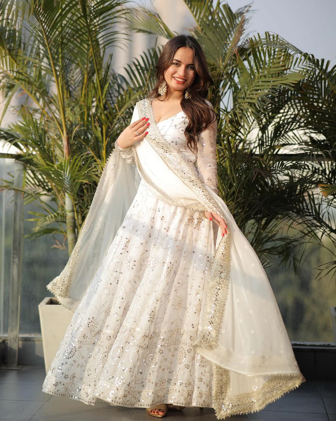 White Fancy Style Designer Anarkali Gown With Pant & Dupatta Set - Image 4